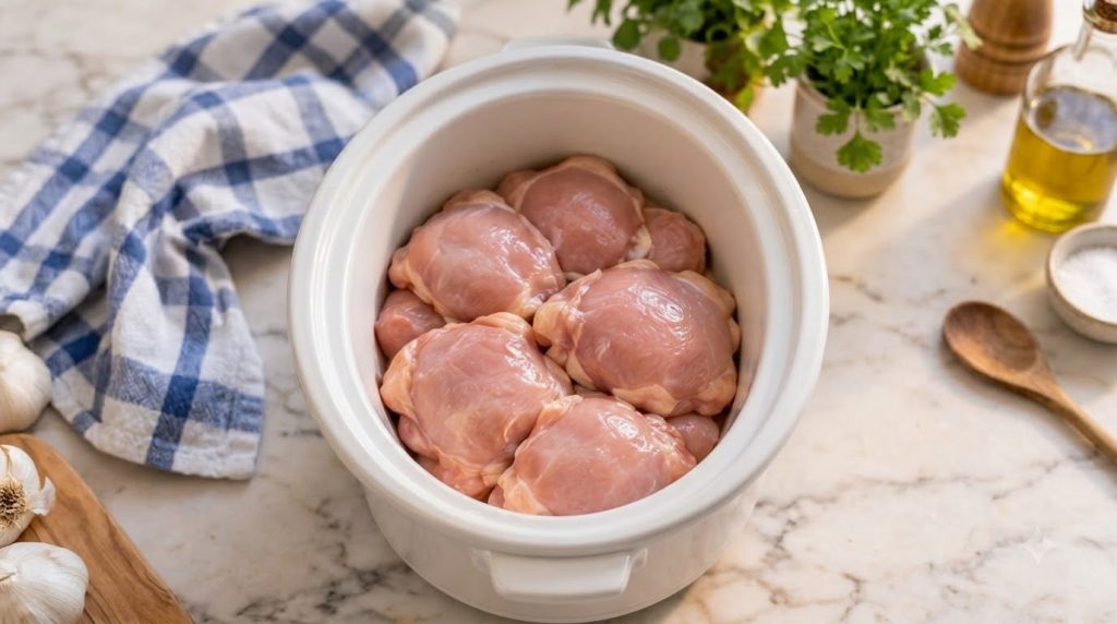 Slow cooker filled with honey teriyaki chicken just cooked garnished with green onions and sesame seeds ready to be serv