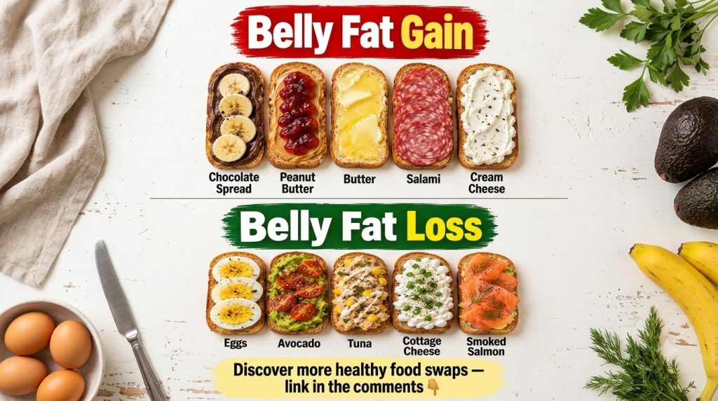 A split image showing two rows of toast toppings The top row Belly Fat Gain includes chocolate spread peanut butter butt