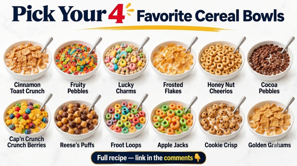 An overhead shot of 12 different breakfast cereal bowls each labeled with its cereal name arranged in a clean grid Each 