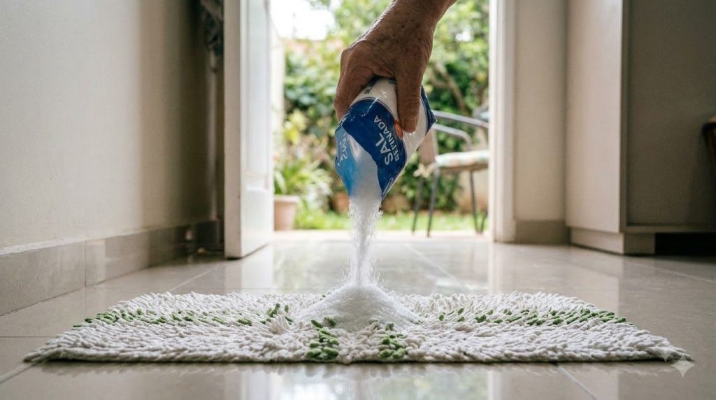 A close-up of a hand pouring white refined salt from a blue and white plastic bag onto a white green-accented textured m