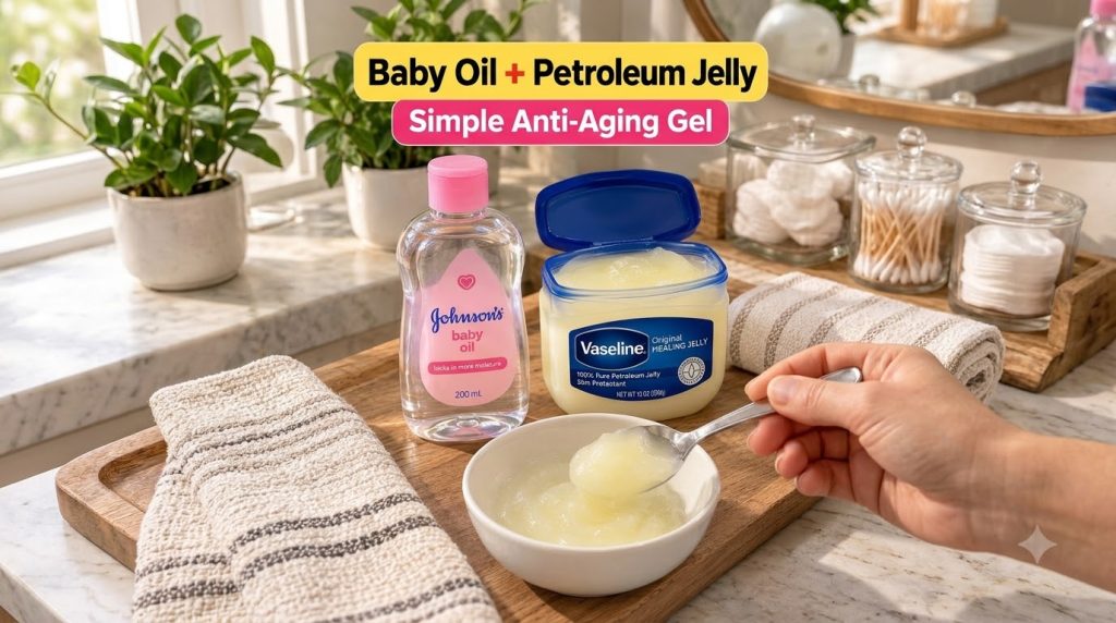 A Johnson s baby oil bottle and a Vaseline petroleum jelly jar are arranged on a wooden board with a hand holding a spoo