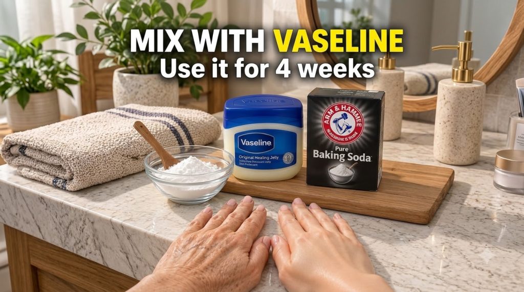 Comparison of an older hand with sunspots and a younger smoother hand with Vaseline and baking soda products on a wooden