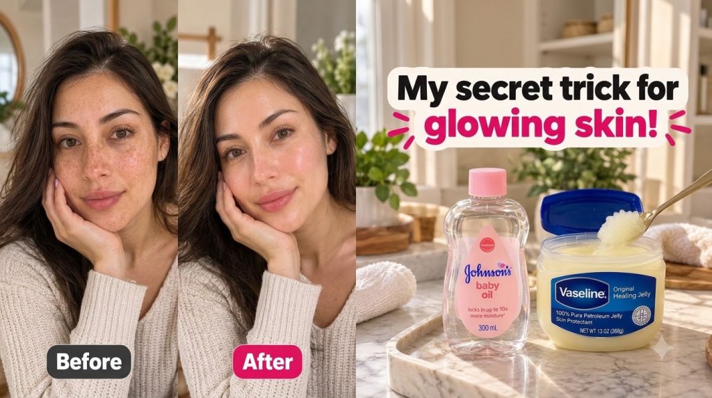 A split image showing a woman s face Before with dull skin and After with glowing hydrated skin Below the faces bottles