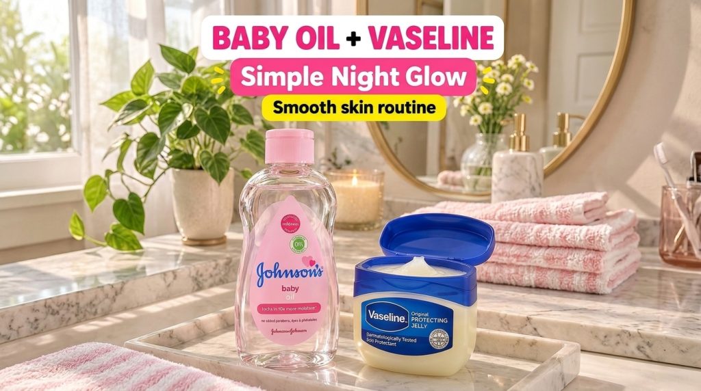 A Johnson s Baby Oil bottle and an open tub of Vaseline Original Protecting Jelly on a marble countertop in a bathroom w