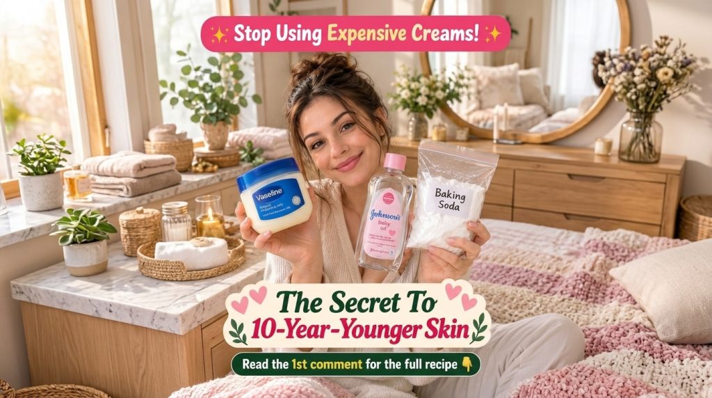 A smiling woman holding Vaseline Johnson s baby oil and a bag of baking soda in a bright inviting domestic setting