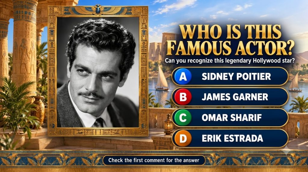 A black-and-white portrait of Omar Sharif from the classic Hollywood era superimposed on a stylized ancient Egyptian bac