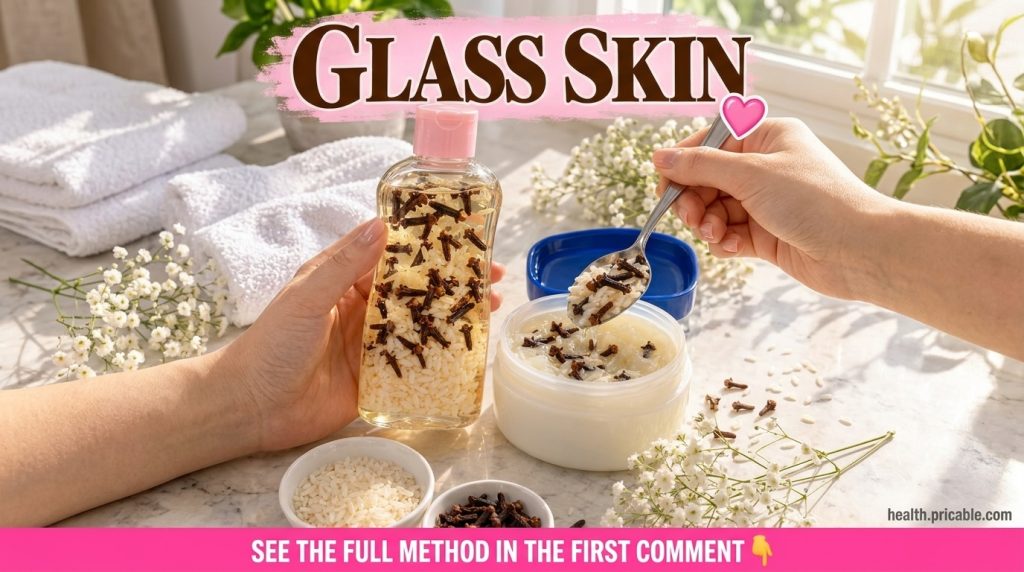 A close-up of a glass jar filled with petroleum jelly white rice grains and dark cloves with a human hand gently stirrin