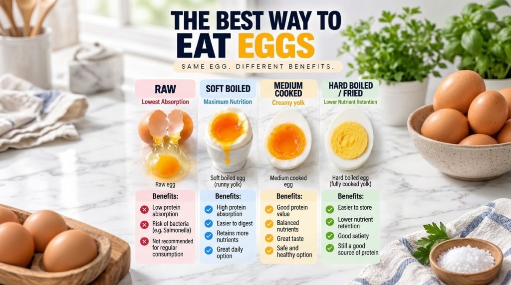 An infographic showing different egg cooking methods raw soft-boiled medium-cooked hard-boiled with their respective ben