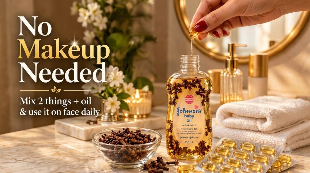 A bottle of Johnson s baby oil infused with cloves with a hand pouring vitamin E oil from a capsule into it A bowl of cl