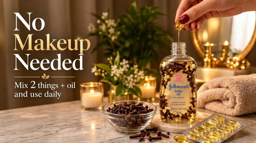 A bottle of baby oil infused with cloves with a hand adding a liquid-filled vitamin E capsule Surrounded by a bowl of cl