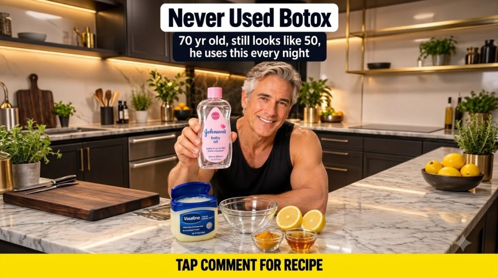 A smiling youthful-looking 70-year-old man holding a bottle of Johnson s baby oil with an open tub of Vaseline lemon hal
