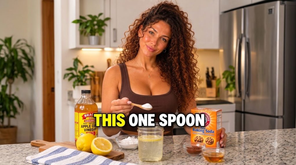 A split image Top half a smiling woman with voluminous curly hair holds a box of Arm Hammer Baking Soda Bottom half a fl