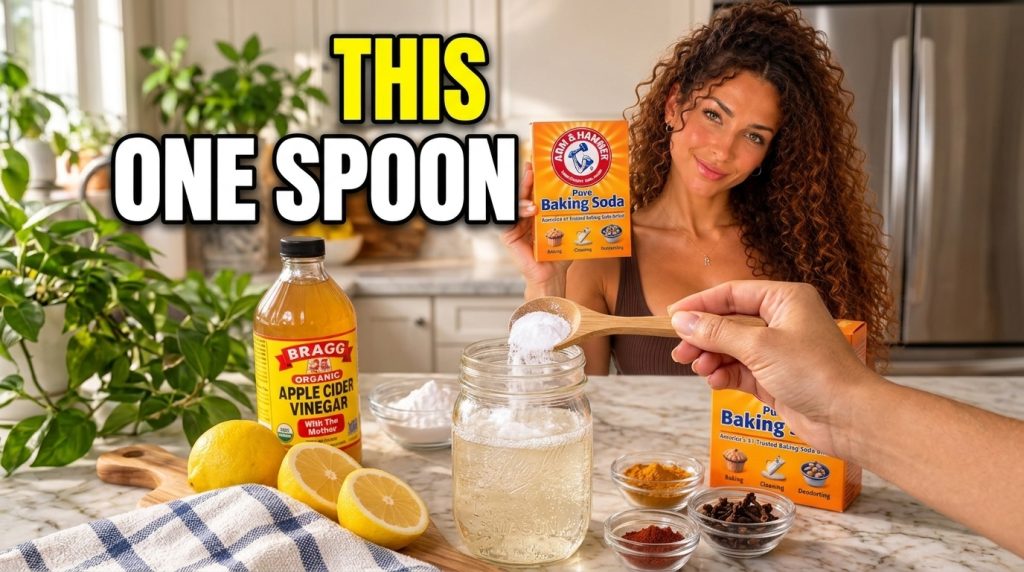A smiling woman with curly hair holding a box of baking soda with an inset showing baking soda apple cider vinegar and l