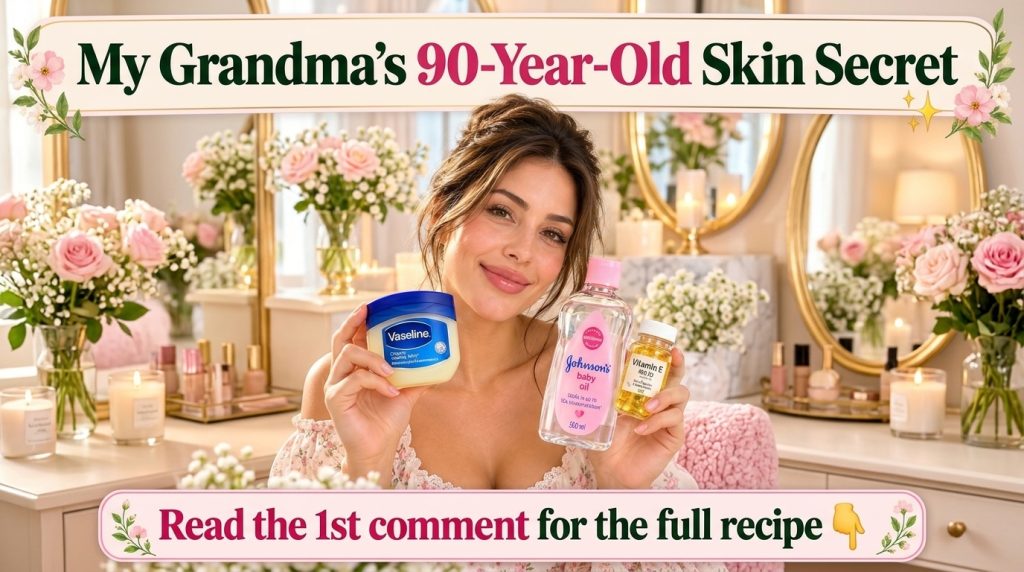 A smiling woman holding Vaseline Johnson s Baby Oil and Vitamin E capsules with a soft warm background of pink and white