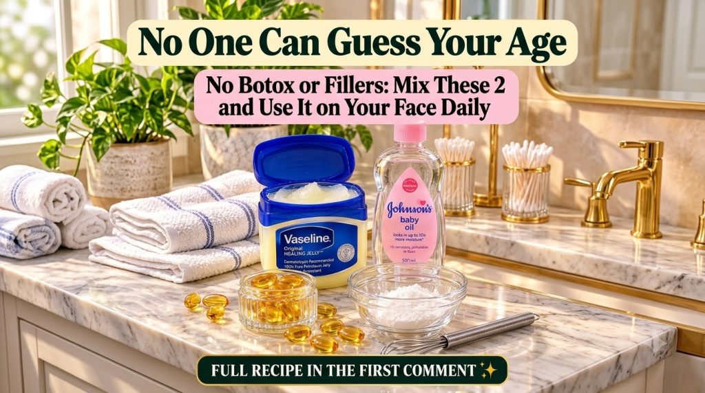 A collection of common beauty and household items a jar of Vaseline a bottle of Johnson s baby oil vitamin capsules and