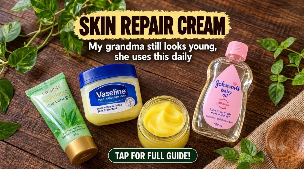 A flat lay of Vaseline Johnson s Baby Oil Aloe Vera Gel and a yellow cream jar on a dark wooden surface with green folia