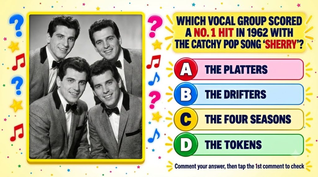 A black and white photograph of four men a 1960s vocal group as featured in the quiz card