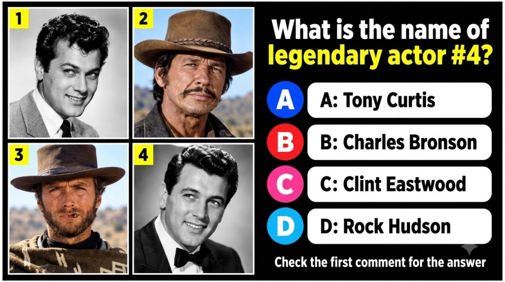 A quiz card featuring a 2x2 grid of four classic male celebrity portraits Tony Curtis top-left B W Charles Bronson top-r