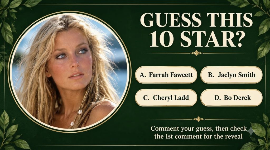 A social media quiz card with a dark green background and light green leaf motifs The headline reads GUESS THIS 10 STAR 