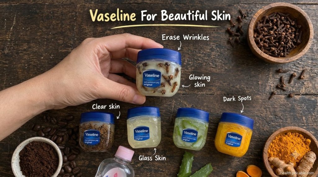 A collection of small glass jars each containing Vaseline infused with a different natural ingredient like cloves coffee