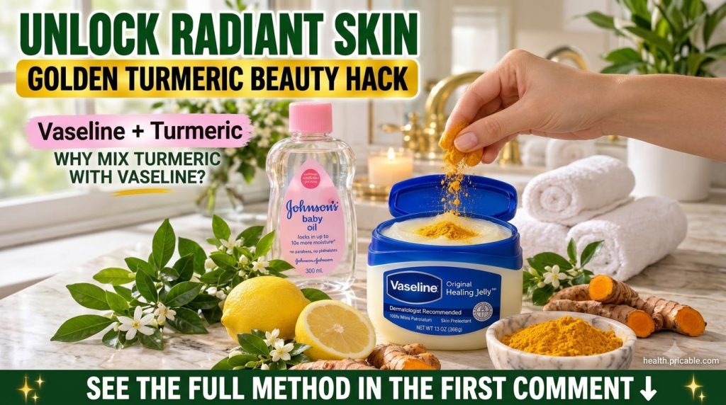 A hand sprinkling bright yellow turmeric powder into an open jar of Vaseline Healing Jelly on a clean bathroom vanity wi