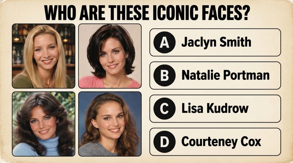 A grid-like celebrity quiz featuring four headshots of female celebrities and four text-based answer choices below with