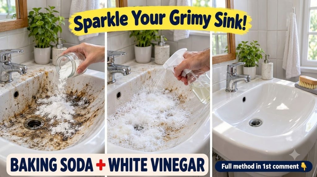 A hand pouring white baking soda powder from a small glass jar onto a heavily stained and dirty white ceramic bathroom s