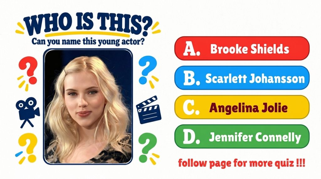 A quiz graphic featuring a portrait of Scarlett Johansson with WHO IS THIS text and multiple-choice options