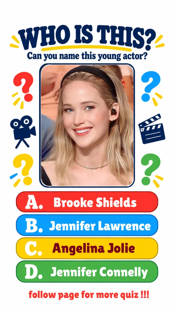 Portrait of actress Jennifer Lawrence smiling set against a quiz graphic with WHO IS THIS text