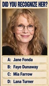 Quiz image showing a headshot of an older woman with long wavy blonde hair and glasses smiling gently with the question 
