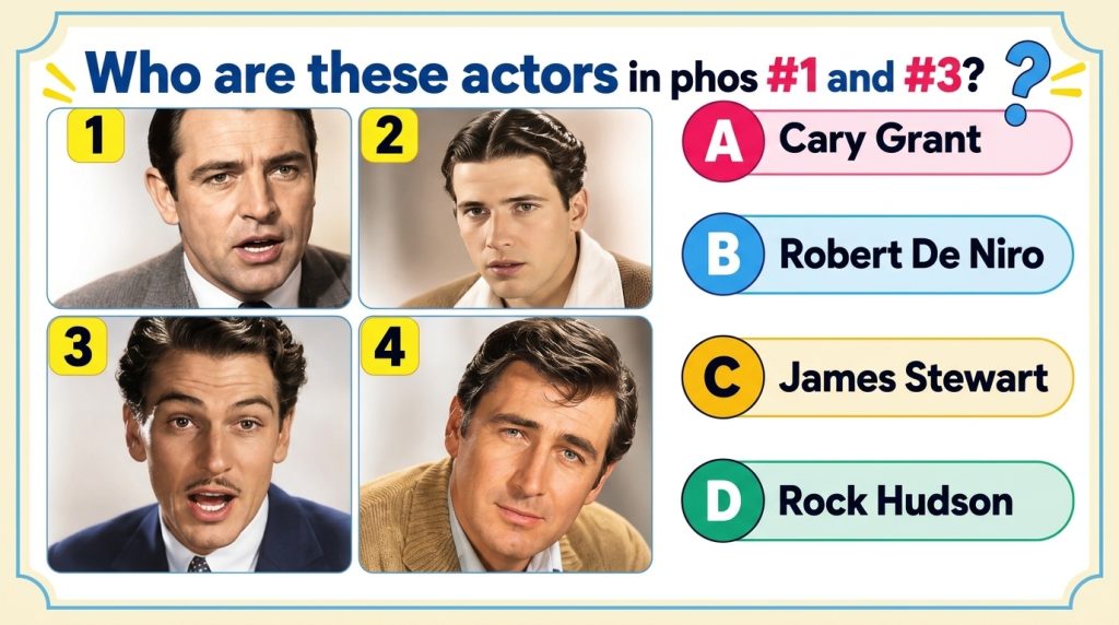 A multiple-choice quiz image with four black and white headshots of classic Hollywood male actors numbered 1 through 4 o