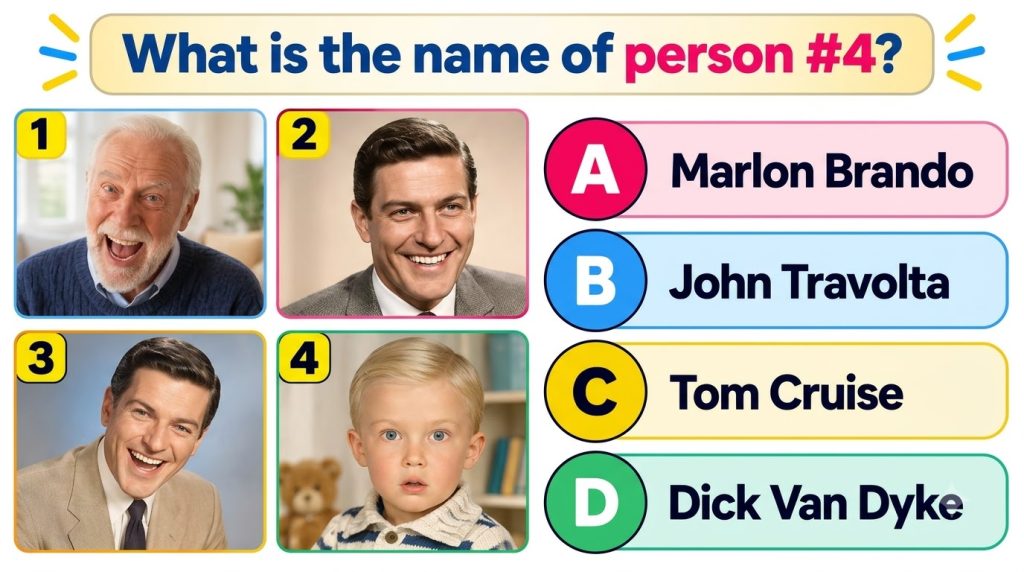 A multiple-choice quiz image featuring four portrait photos in a grid with a question asking to identify the young child