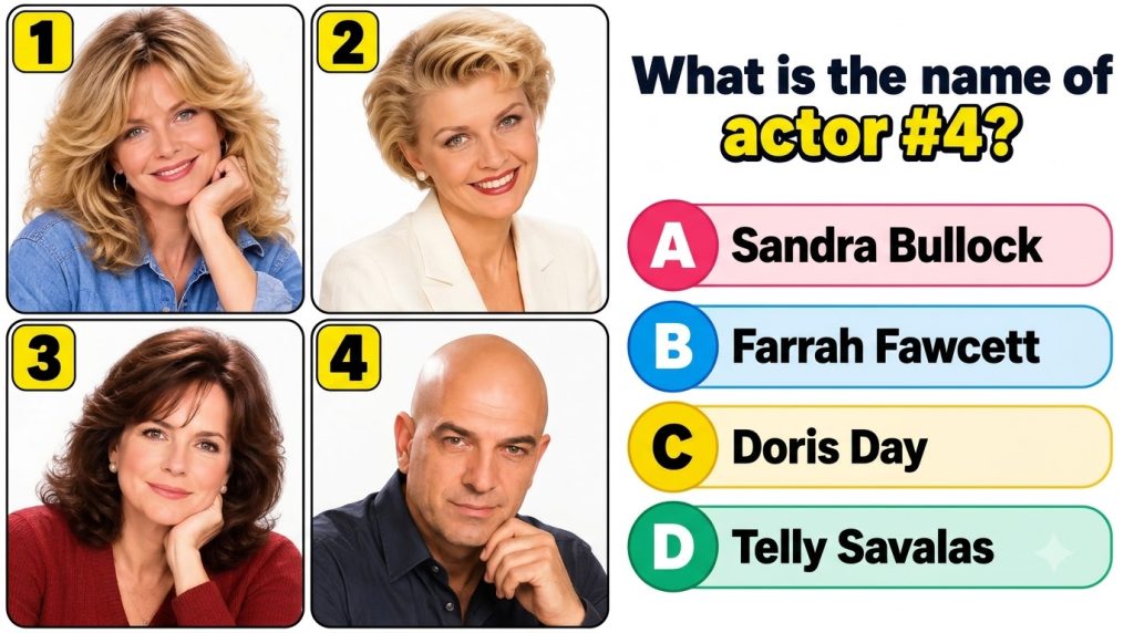 A multi-panel quiz image showing four headshots three women one man in a 2x2 grid with a question below asking to identi
