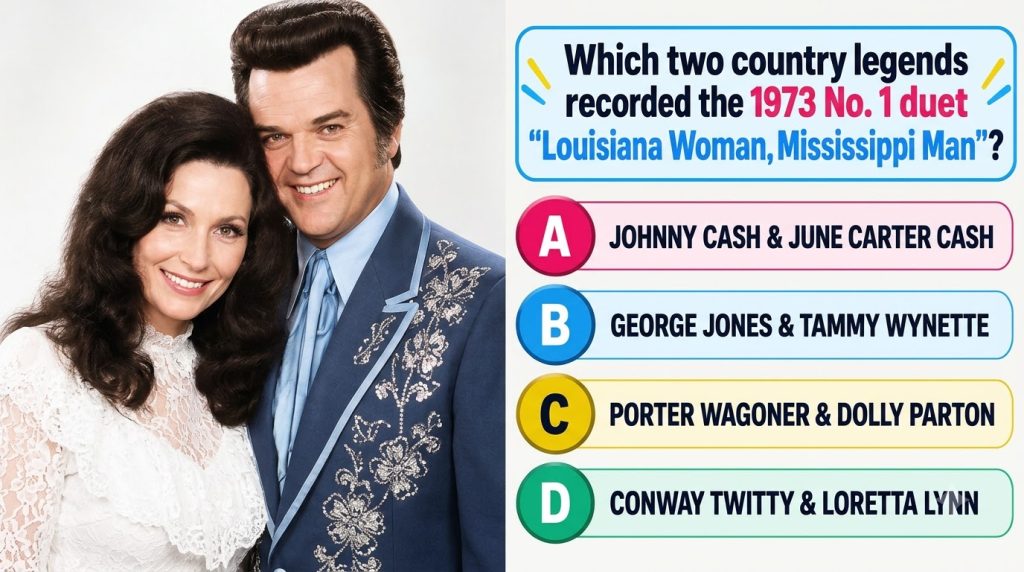 A studio portrait of country music legends Conway Twitty and Loretta Lynn smiling suitable for a quiz