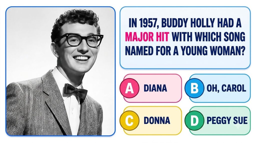 A black and white portrait of Buddy Holly smiling wearing glasses a suit jacket and a bow tie presented as a trivia quiz