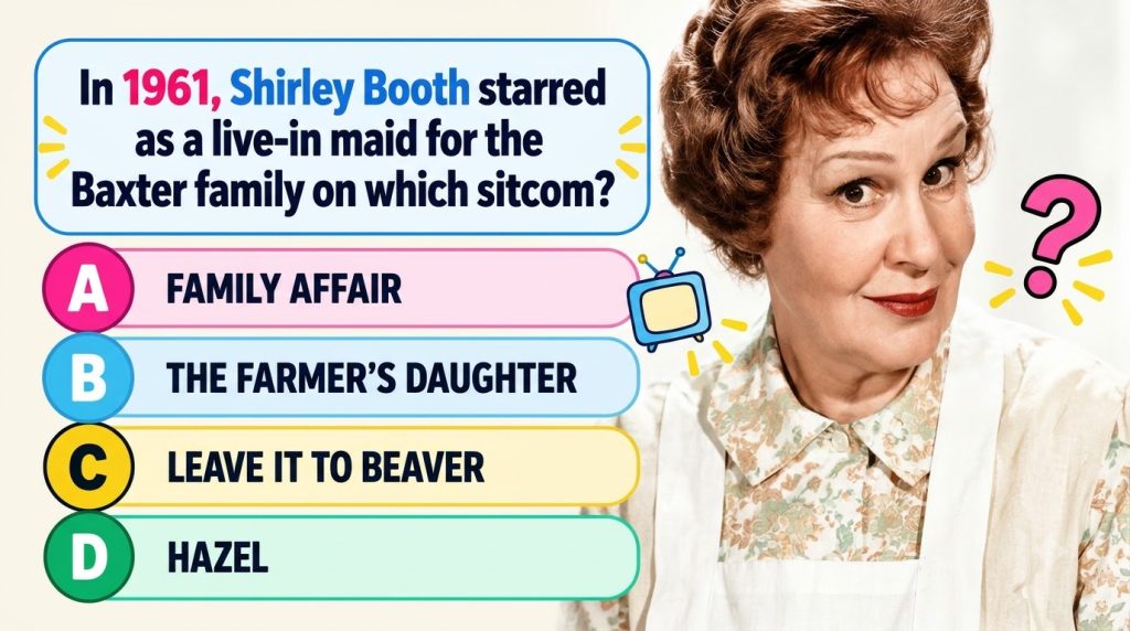 A smiling portrait of actress Shirley Booth looking directly at the viewer with colorful retro TV and question mark icon