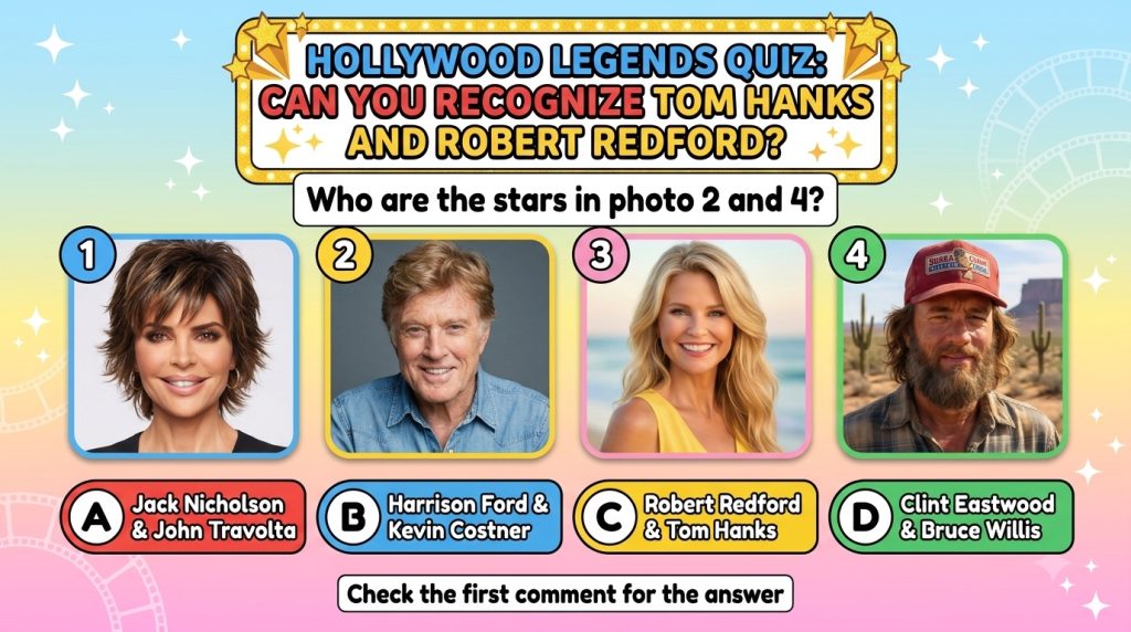 A vibrant social media quiz card titled HOLLYWOOD LEGENDS QUIZ with a question Who are the stars in photo 2 and 4 It dis