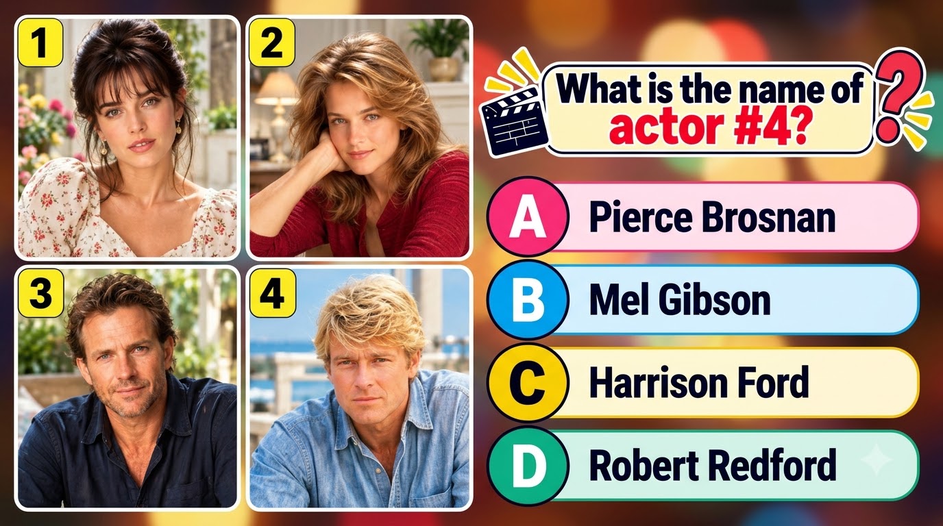 A brightly colored quiz poster with a 2x2 grid of four celebrity headshots focusing on a man with blonde hair against a