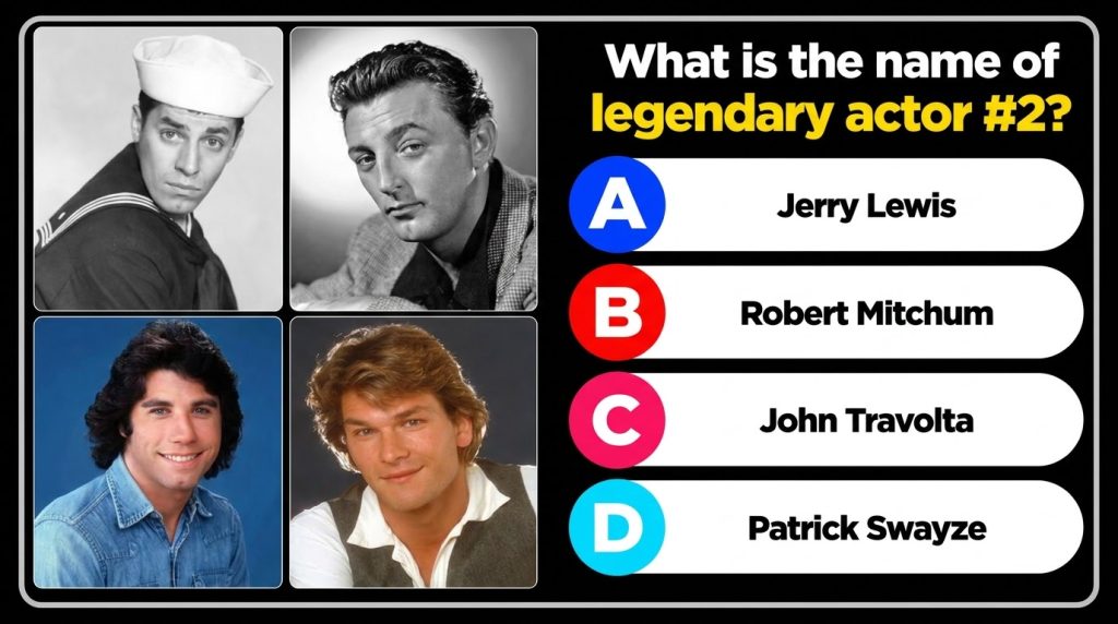 A quiz image showing four celebrity portraits in a 2x2 grid Top row Jerry Lewis sailor uniform black and white and Rober