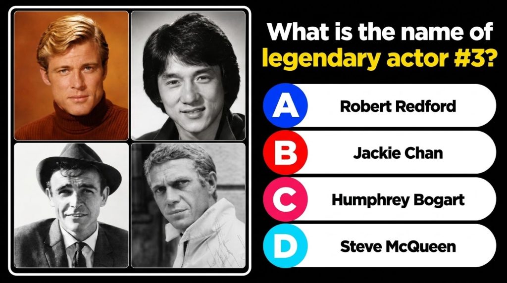 A quiz image showing four classic Hollywood actors portraits in a grid with Sean Connery identified as Actor 3 Below the