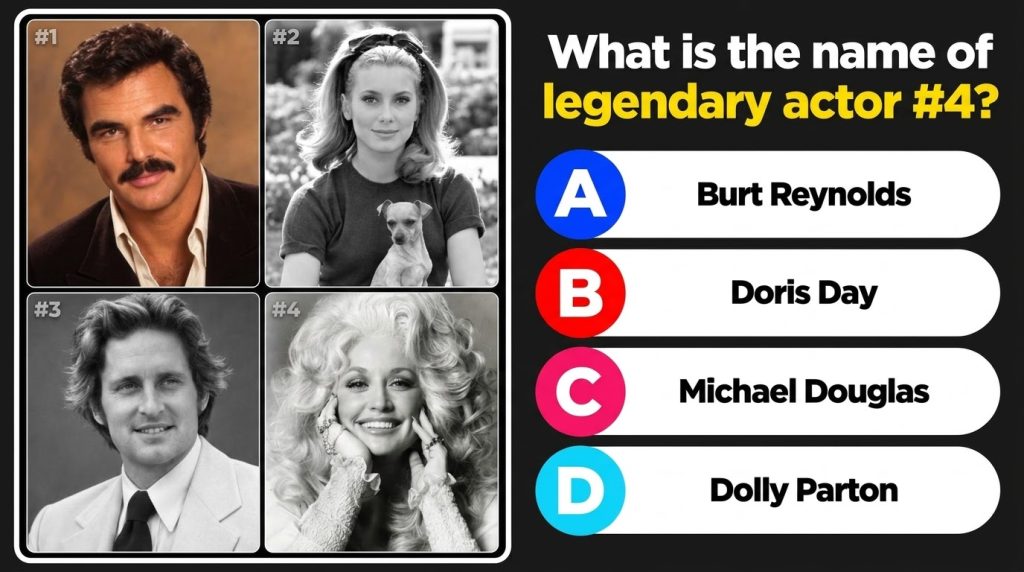 A grid of four celebrity portraits Burt Reynolds young Grace Kelly with a dog Michael Douglas and Dolly Parton Dolly Par