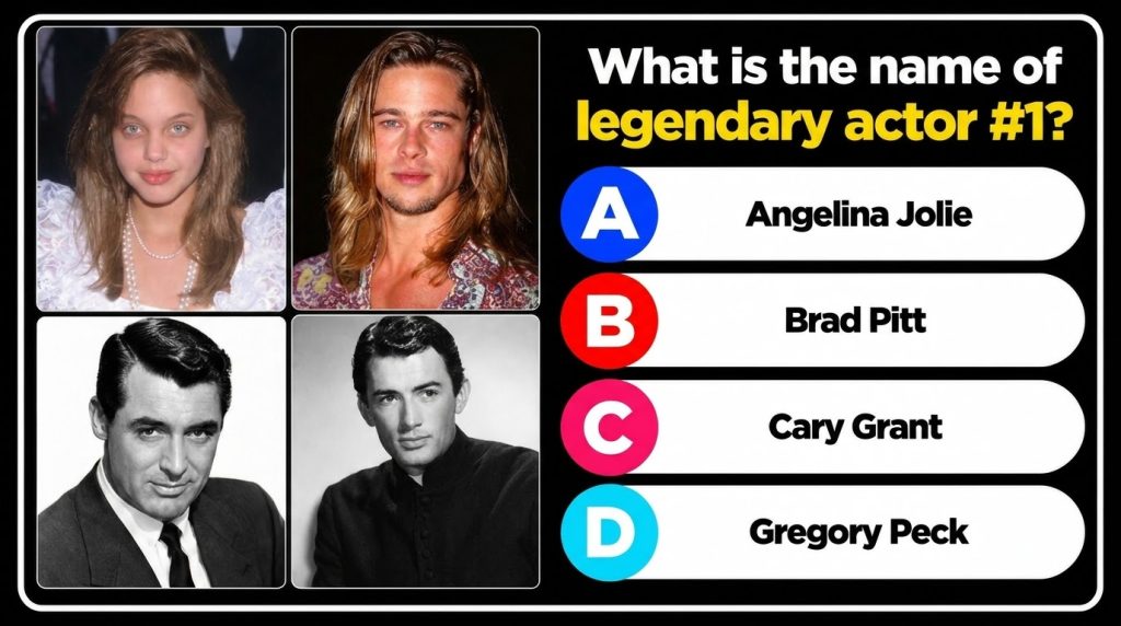 A vertical quiz layout featuring four headshots in a 2x2 grid Angelina Jolie and Brad Pitt are in color at the top and C