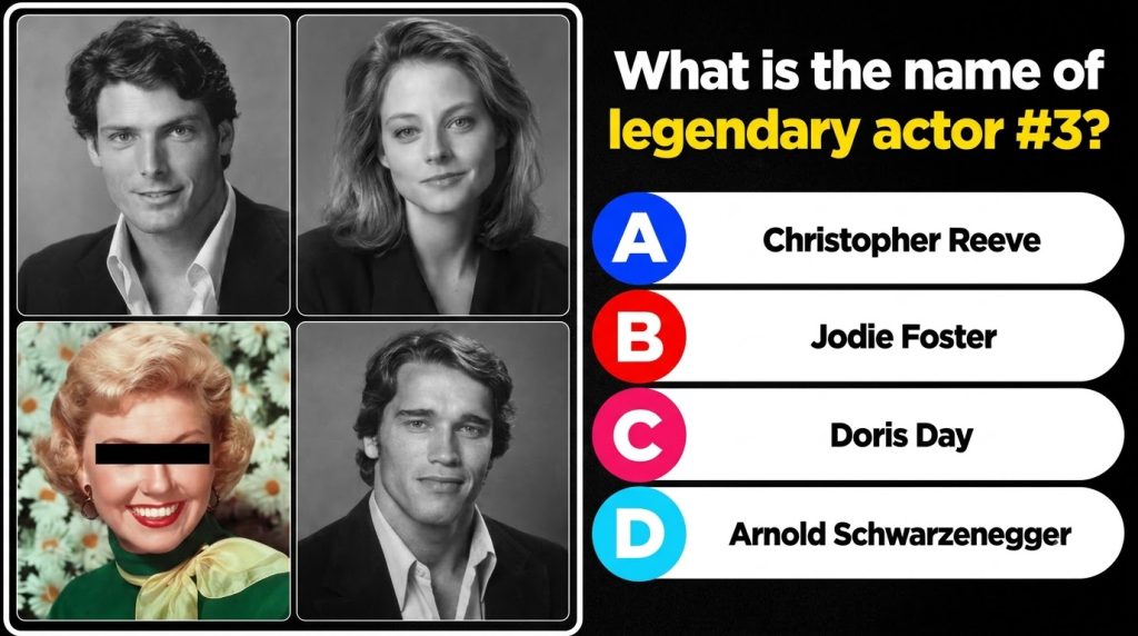 A four-panel celebrity quiz with black and white portraits of Christopher Reeve Jodie Foster and Arnold Schwarzenegger a