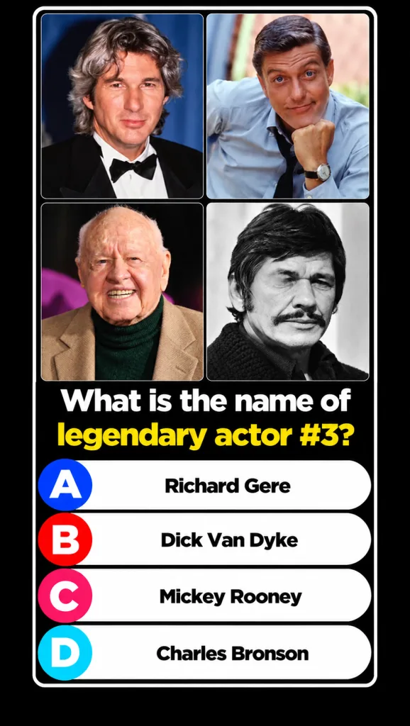 A 2x2 grid of four celebrity headshots Richard Gere Dick Van Dyke Mickey Rooney and Charles Bronson with a quiz question
