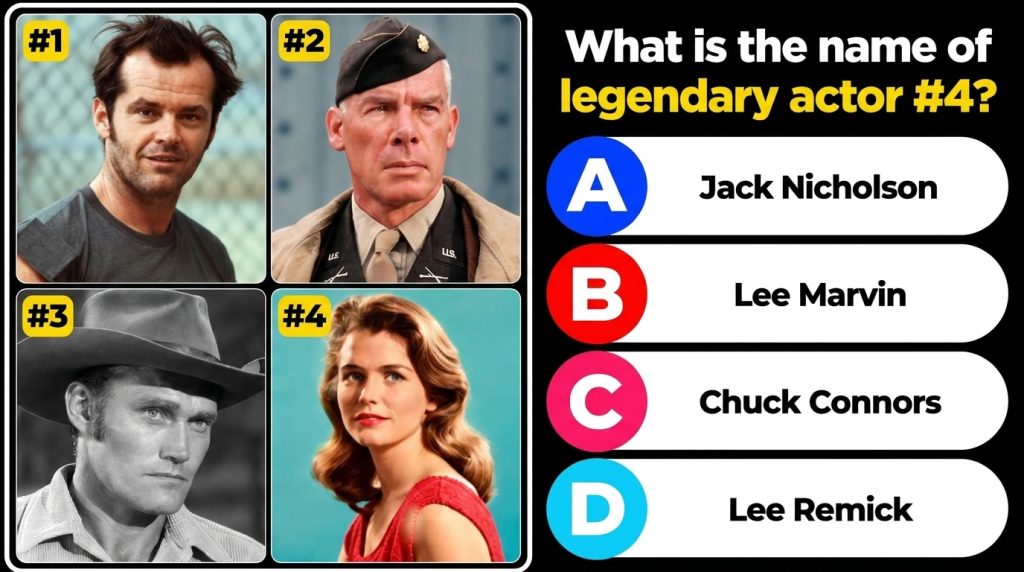 A 2x2 grid featuring headshots of four classic Hollywood actors Jack Nicholson Lee Marvin Chuck Connors and Lee Remick T