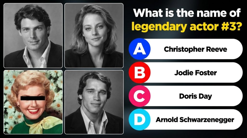 A quiz image showing four celebrity portraits arranged in a grid with a question asking to identify Person 3 The bottom-