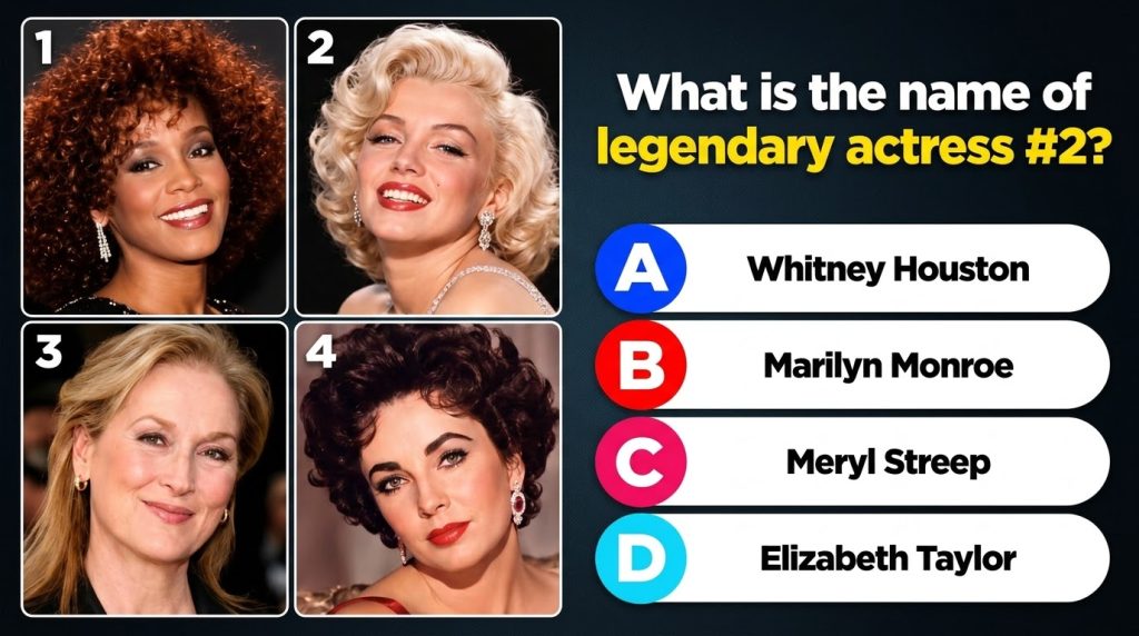 A 2x2 grid of four legendary actresses Whitney Houston Marilyn Monroe Meryl Streep and Elizabeth Taylor The top right po