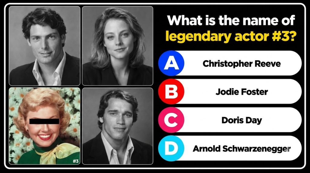 A quiz image with a 2x2 grid of four celebrity black-and-white headshots with the bottom-left image Doris Day partially