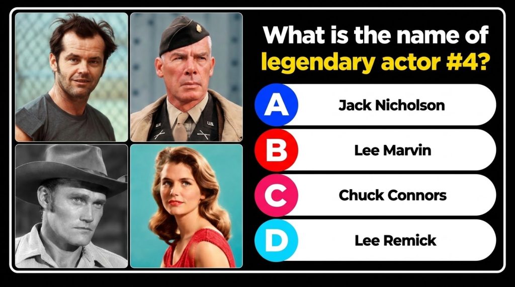 A quiz layout social post with four portraits in a 2x2 grid Top left is Jack Nicholson top right is Lee Marvin bottom le