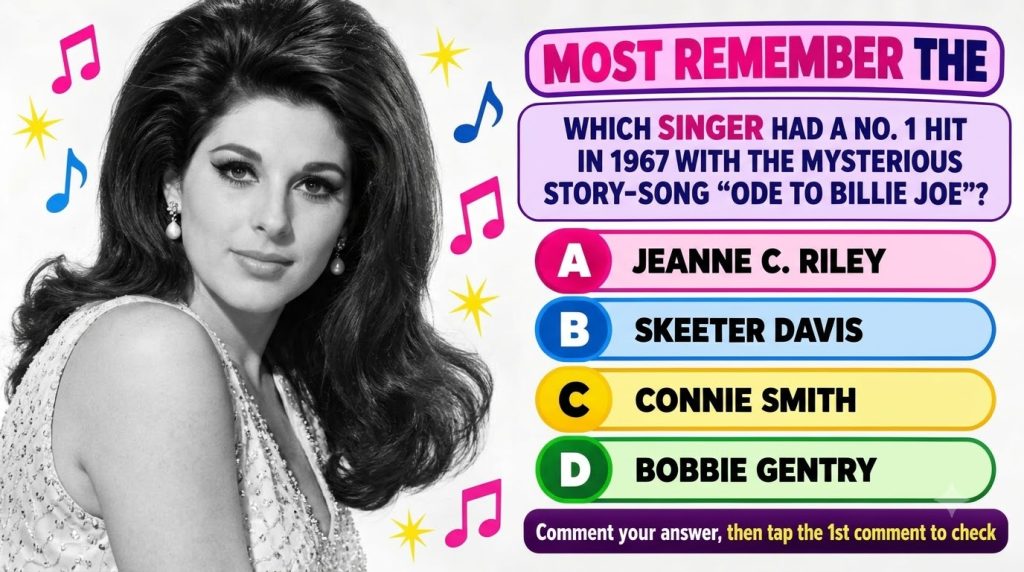 A black and white portrait of Bobbie Gentry from the 1960s with a voluminous hairstyle prominent eyeliner and pearl earr
